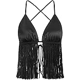 Verdusa Women's Western Cowgirl Rave Outfits Backless Fringe Sleeveless Satin Crop Going Out Top Clubwear
