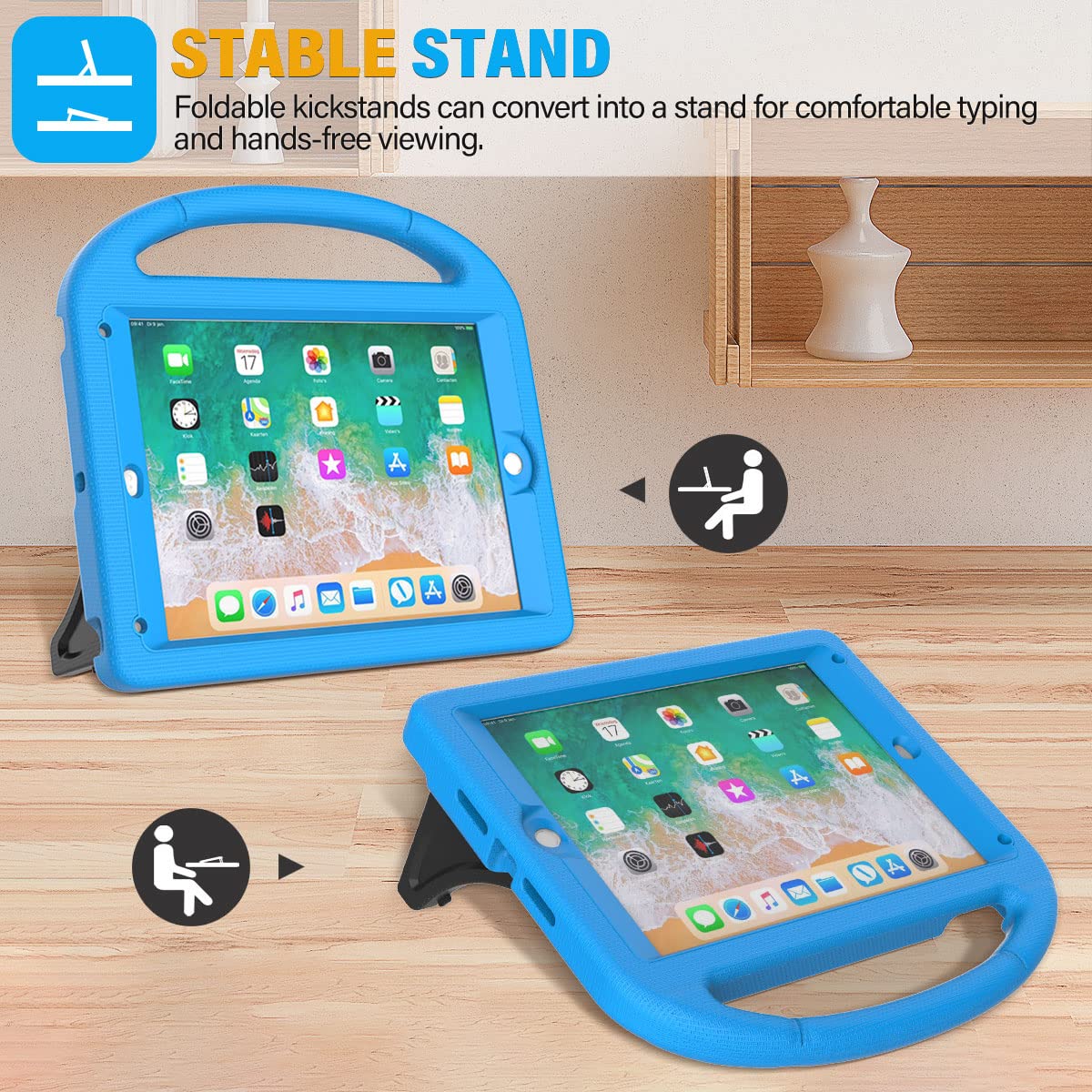 Suplik Kids Case for iPad 5th/6th Generation(9.7 inch, 2017/2018), iPad Air 2/1 & Pro 9.7 Case with Screen Protector, Durable Protective Cover with Handle Stand for Apple iPad 5/6 Gen, Blue