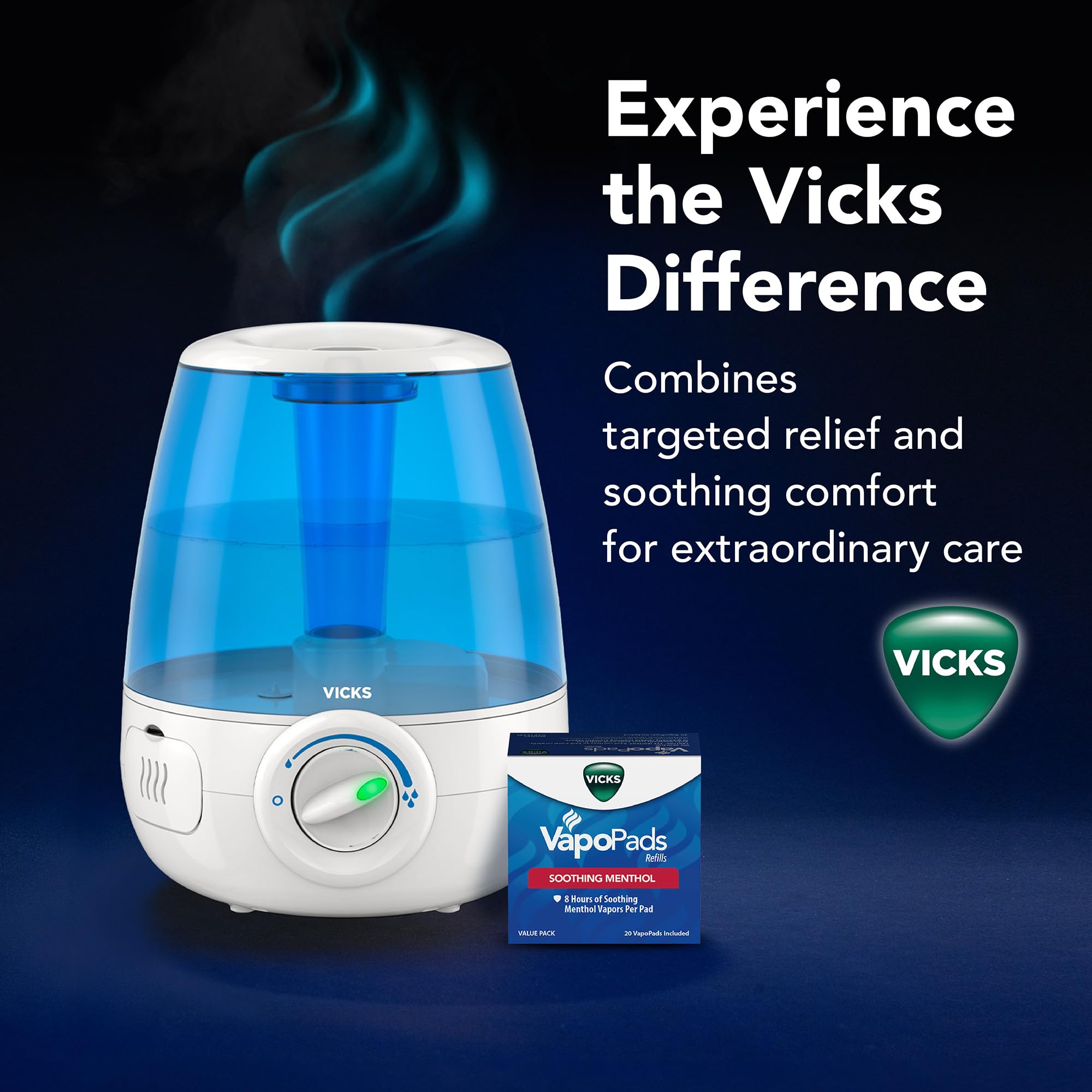 Vicks Filter-Free Ultrasonic Humidifier, Recommended by Pediatricians*, 1.2 Gal Ultrasonic Cool Mist Humidifiers for Bedrooms & Kids Rooms, Works with Vicks VapoPads