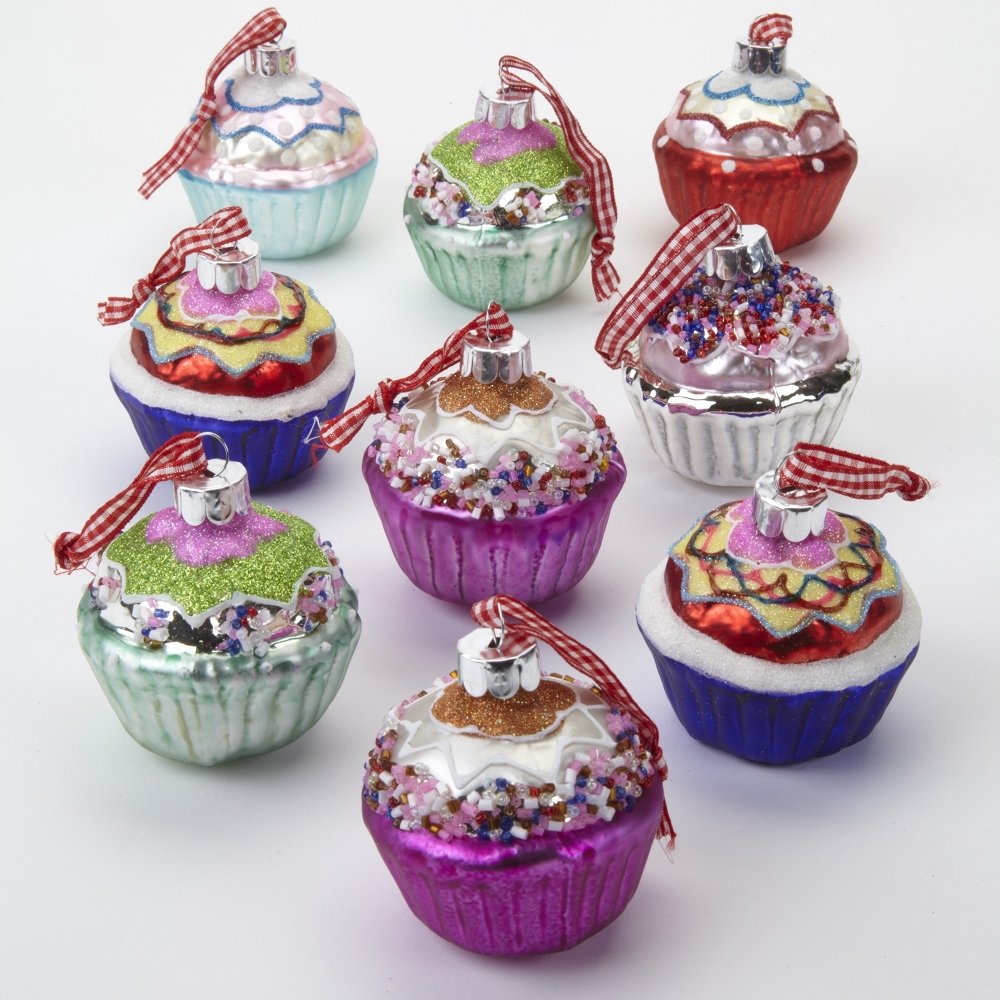 Set of 9 Large Painted Glass Cupcake Christmas Tree Decorations in Pastel and Bright Colours Approx 6cm Cup Cake by Heaven Sends
