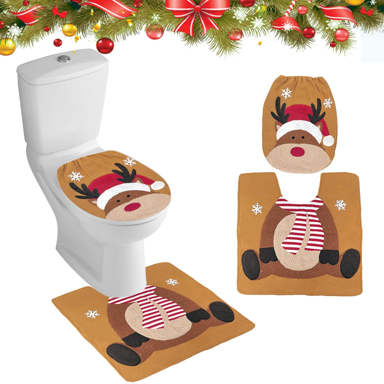 Minicoco Christmas Toilet Seat Covers Pads Funny Christmas Decorations Christmas Bathroom Set Toilet Lid Cover Set U-Shaped Toilet Rug Washable Soft Warmer Toilet Cover (Elk)