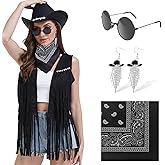FunMular Western Outfit for Women Cowgirl Outfit Costume Accessories Cowboy Hat Fringe Vest Earring Bandana for Halloween