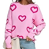 VFURYGD Women Cute Heart Sweater Love Print Valentine Romantic Knitted Top Crewneck Long Sleeve Sweaters Pullover
