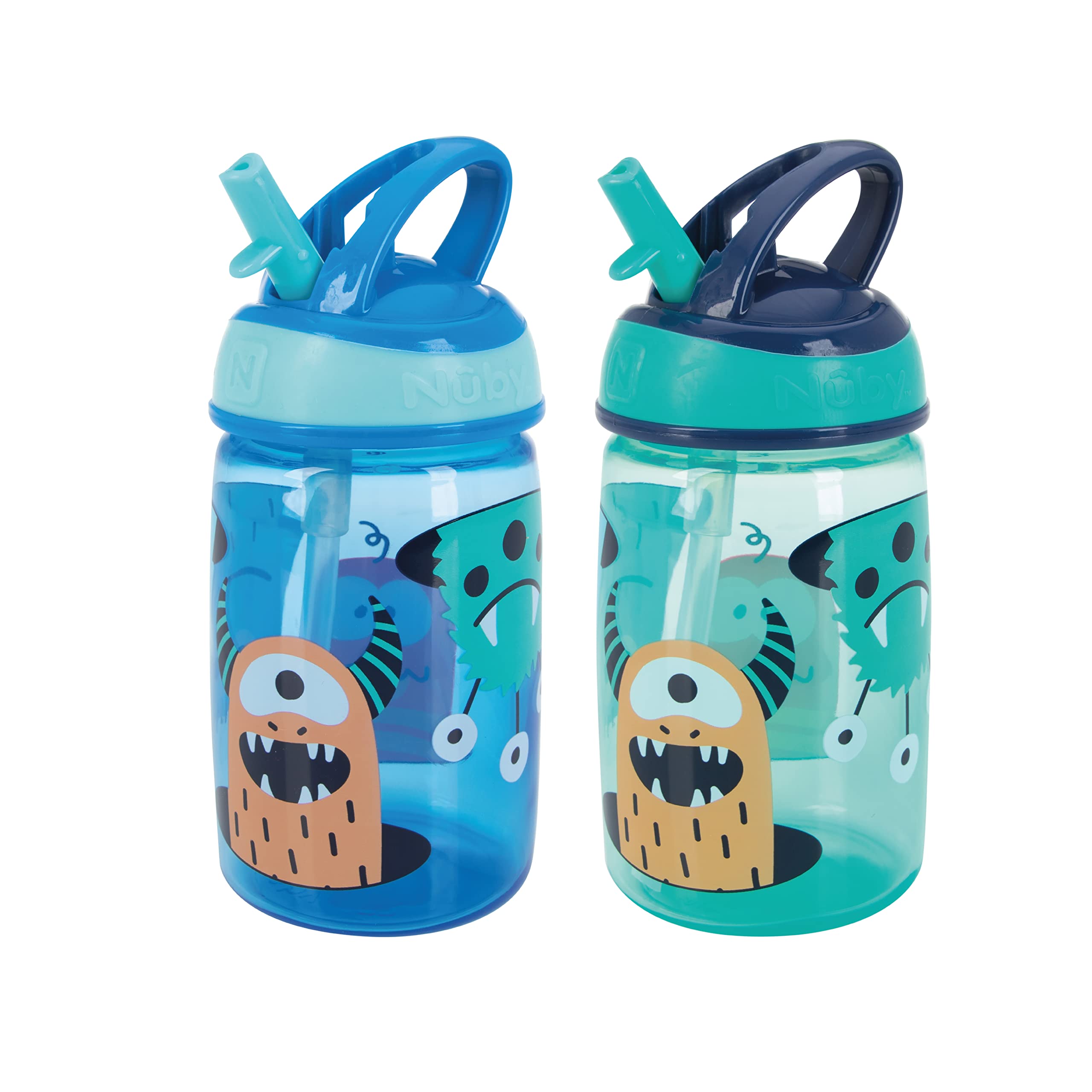 Nuby Mighty Swig Water Bottle - No Spill Active Toddler Sippy Cup | 360ml / 12oz | Carry Handle | Dishwasher and Microwave Safe | Suitable Beaker for 18 Months Plus (Monsters, Pack of 2)