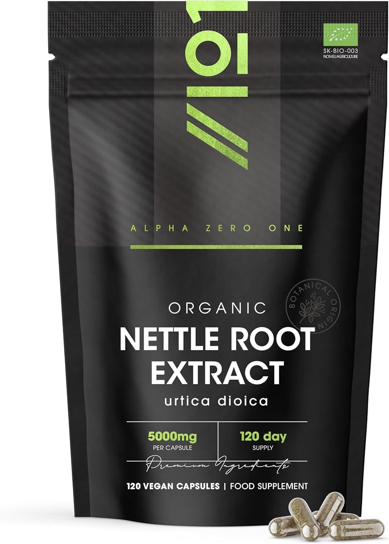ALPHA01 Organic Nettle Root Extract 5000mg 120 Vegan Capsules Pouch