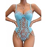 Avidlove Women's Lace Up Front V Neck Bustier Lingerie Sexy One Piece Teddy Lingerie Bodysuit Boudoir Outfit