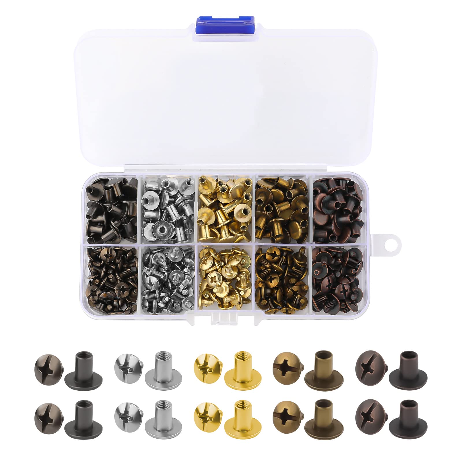 SAVITA 150 Sets Chicago Screws, 5/16 Inch Flat Head Screw Rivets Buttons Chicago Binding Screws Leather Rivets Kit with Storage Box for Leather, Crafts, Belts, Handbags (5 Colors)