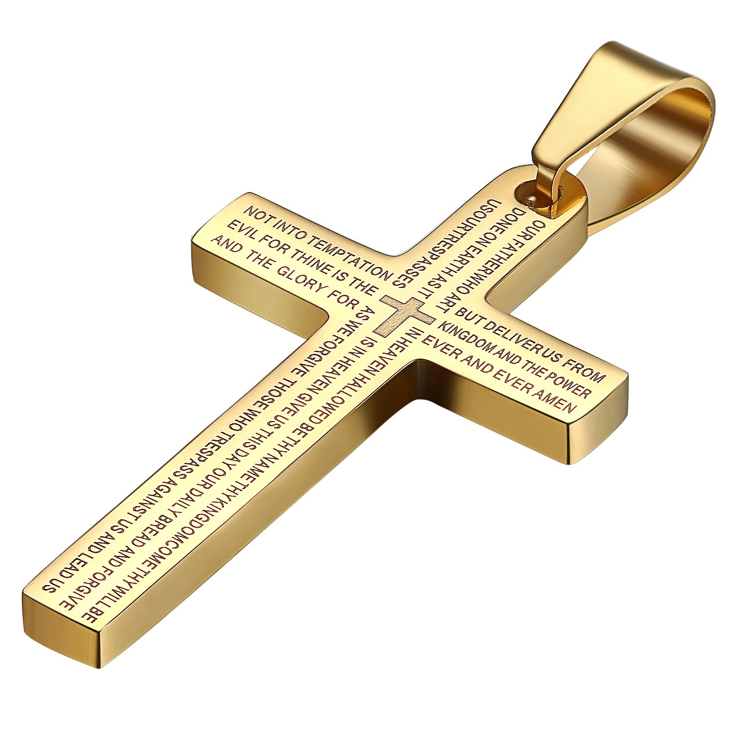 JewelryWe Men's Stainless Steel Lords Prayer Cross Pendant Necklace, Golden, 21.3 inch Chain (with Gift Bag)