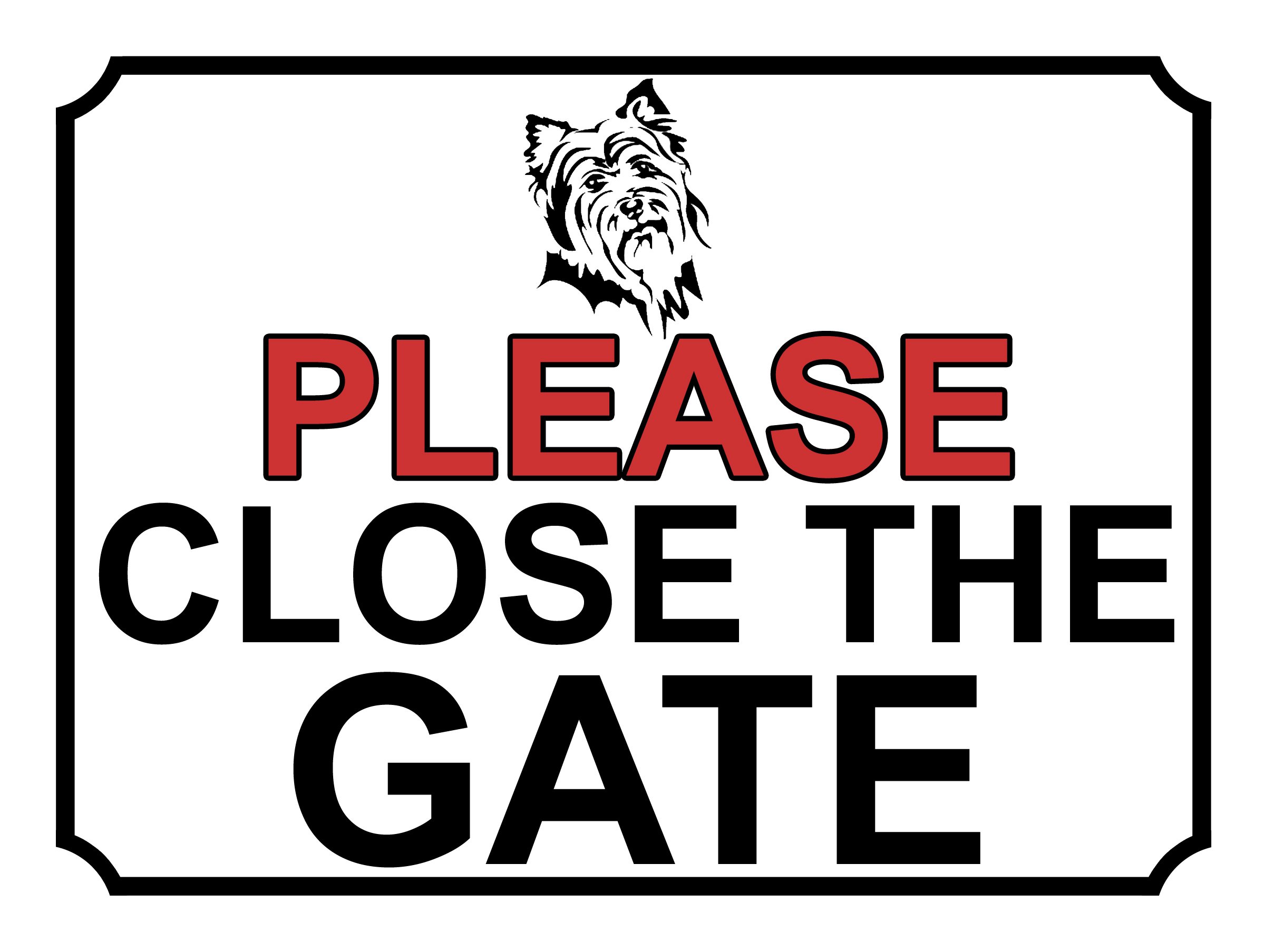 SHAWPRINT PLEASE CLOSE THE GATE DOG THEME METAL SIGN 267MM X 200MM (473H1L) LARGE 10" X 8"