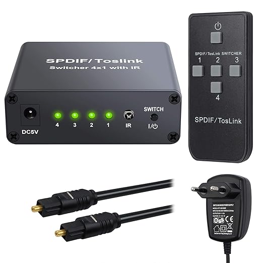 eSynic 4 Port Toslink Switch mit IR Fernbedienung 4x1 SPDIF Digitaler Optischer Audio Umschalter mit 2M Optischem Kabel und N