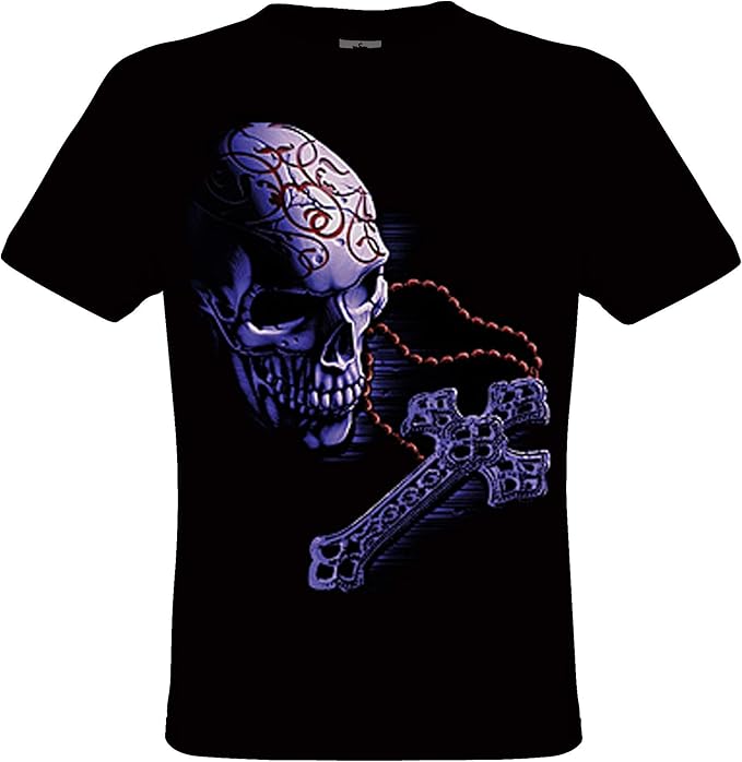 DarkArtDesigns Rosary Skull Skull with Cross TShirt for Men