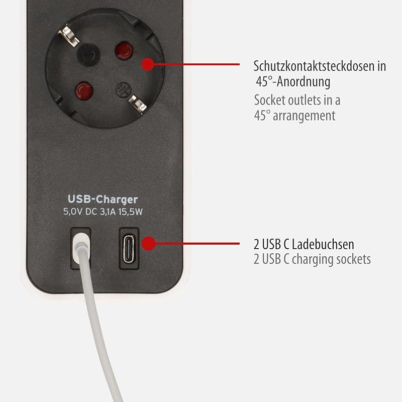 Ecolor Ciabatta multipresa con 4 prese con porta di ricarica USB (presa multipla con 2 USB C, interruttore e cavo da 1,5 m) bianco/nero