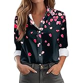 Valentines Tops for Women Button Down Shirts Heart Blouses Dressy Casual Lapel Collar Long Sleeve Soft Comfy T Shirt