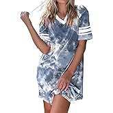 Ekouaer Nightgowns for Women Cotton Night Gown Short Sleeve Sleepwear V Neck Color Block Sleep Shirts Ladies Night Shirts