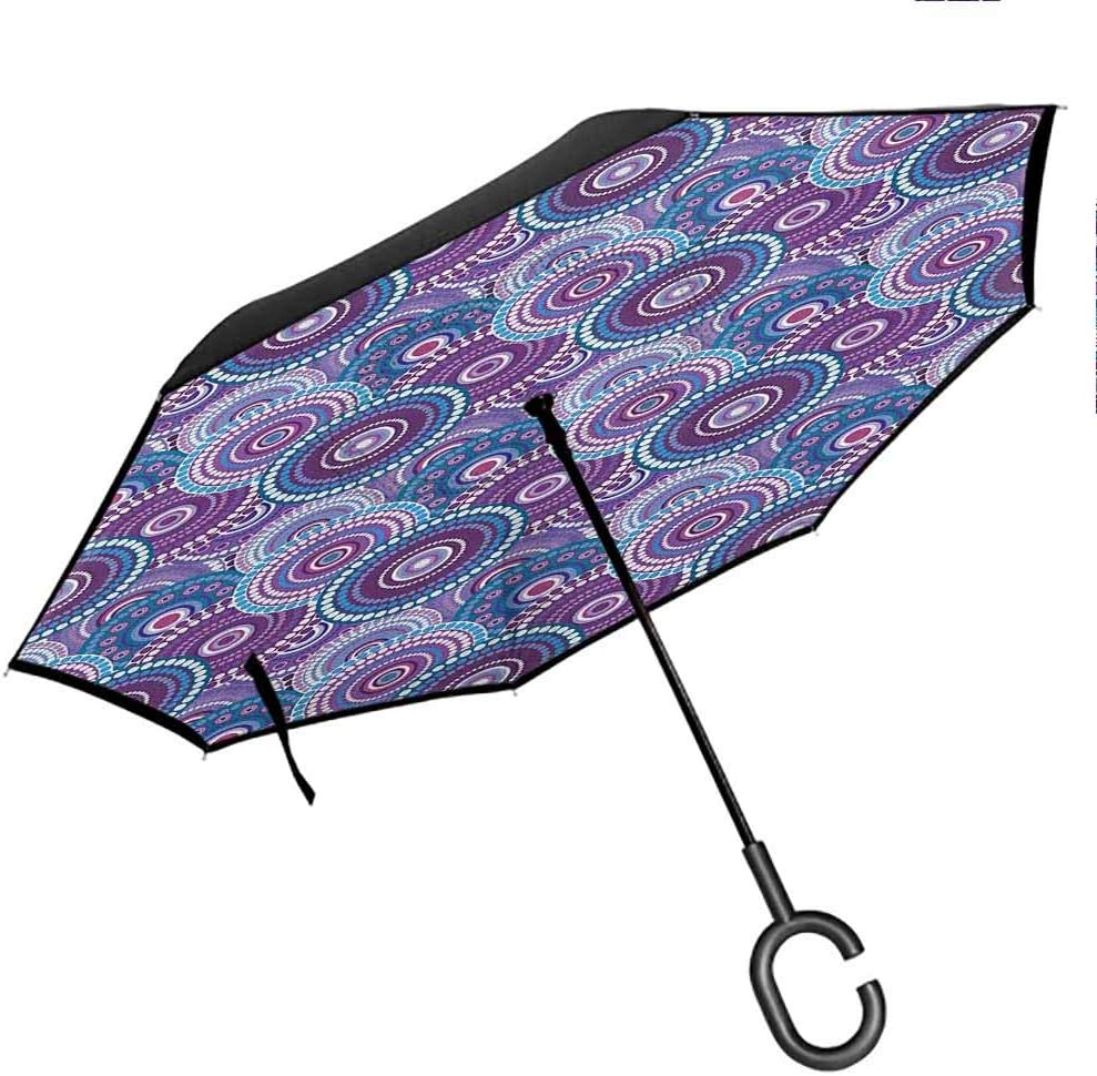 Anyangeight Purple Windproof Umbrella Hazy Delphinium Floret Branches with Blooming Roots Seasonal Twigs Nature Pattern Hands-Free C-Shape Handle Violet Green