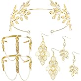 Suptizizkz 7 Pieces Grecian Goddess Costume Accessories Set Golden Laurel Pearl Leaf Crown Headband Upper Arm cuff Armband Pearl Dangle Earring Wedding Toga Cosplay Party Jewelry for Women (Elegant)