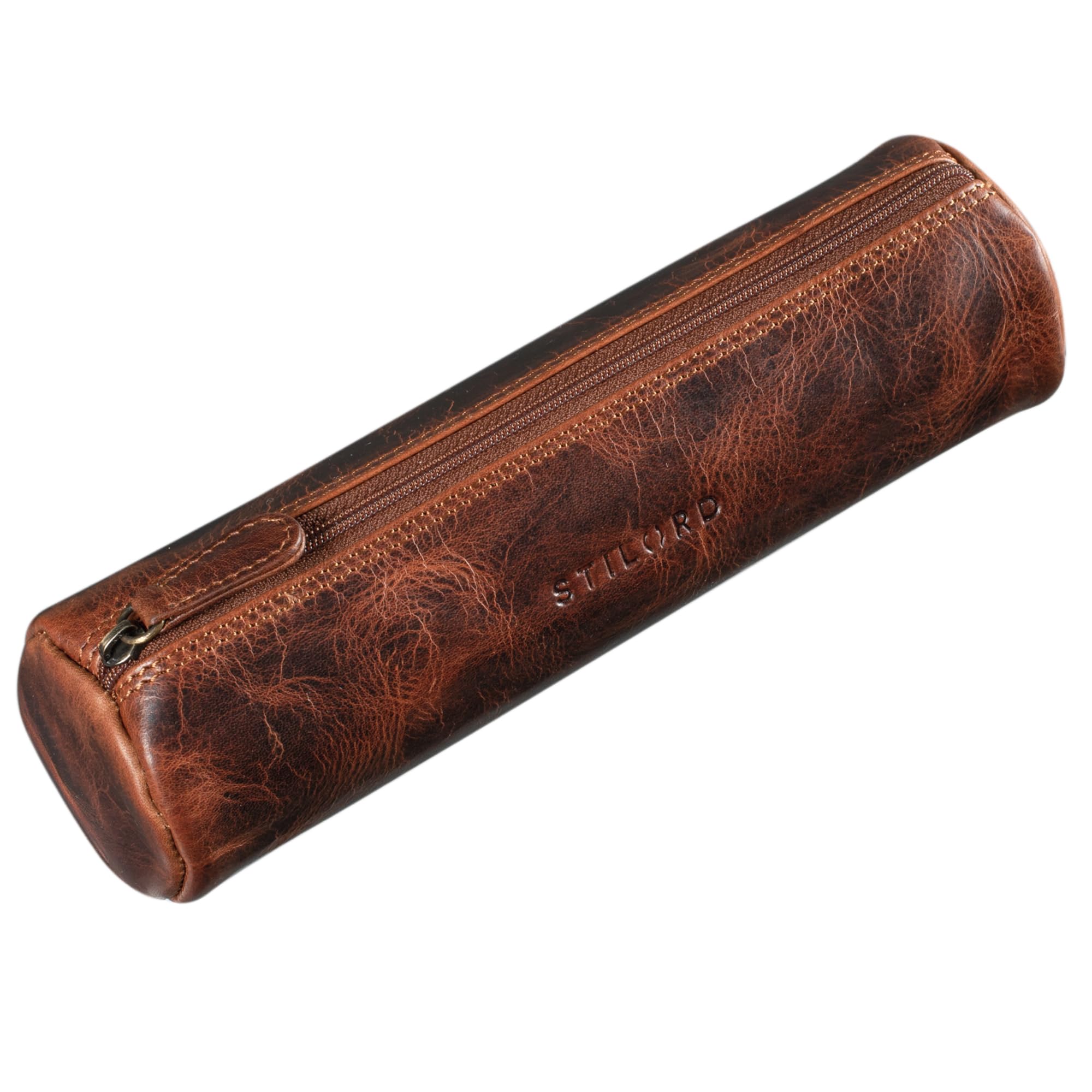 STILORD "Miller" Pencil Roll Case Leather Vintage Pen Pouch Round Organiser for Women Men Stationary Case Slim in Genuine Leather Colour:Kara - Cognac
