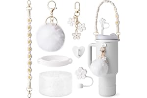 HWGOODYE 7Pcs White Stanley Cup Accessories Set for 30oz 40oz Tumbler Water Bottle Handle Strap Boot, Siliocne Straw Cover, Stanley Keychain Charms Gifts