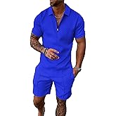 BIRW XL Blue Mens Short Sets 2 Piece Outfits Fashion Summer Tracksuits Casual Set Polo Shirt Short Sleeve and Shorts Set