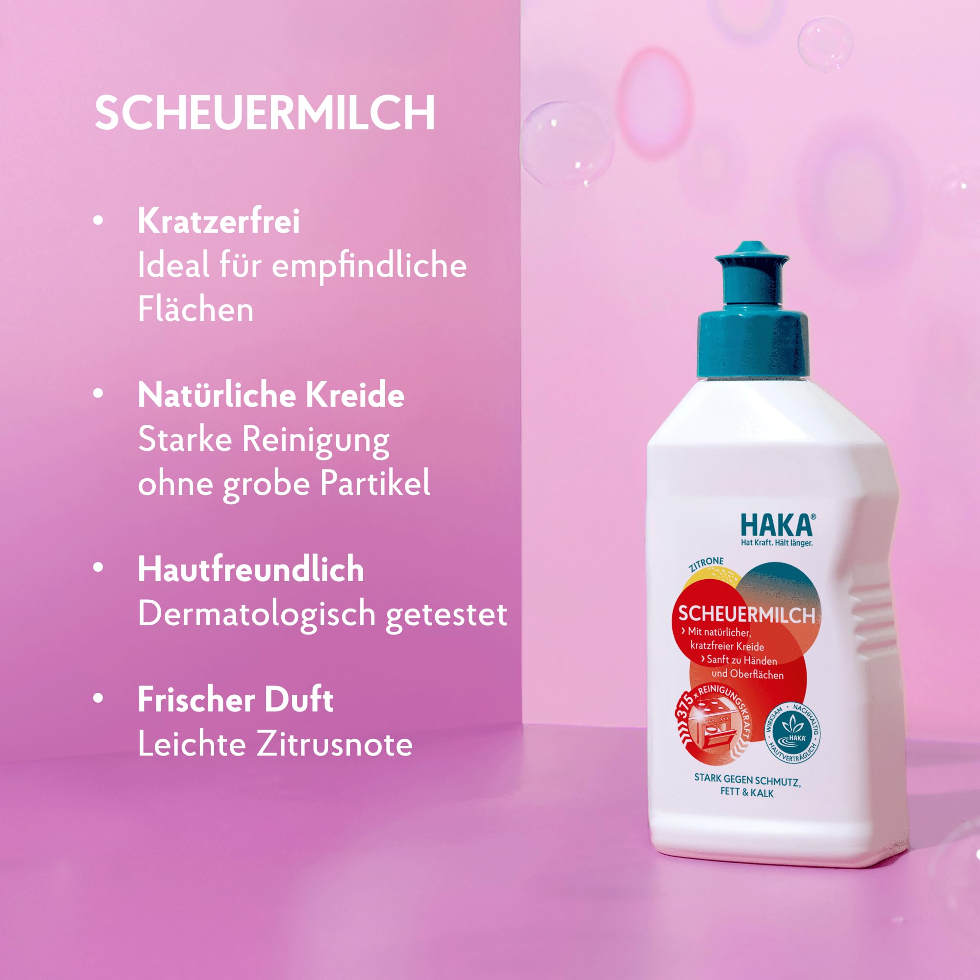 HAKA Scheuermilch, 750 ml, entfernt Kalk, Fett & Schmutz, ohne Kratzer, materialschonende Reinigung mit natürlicher Kreide, hautfreundlich, vegan, Zitronenduft 3