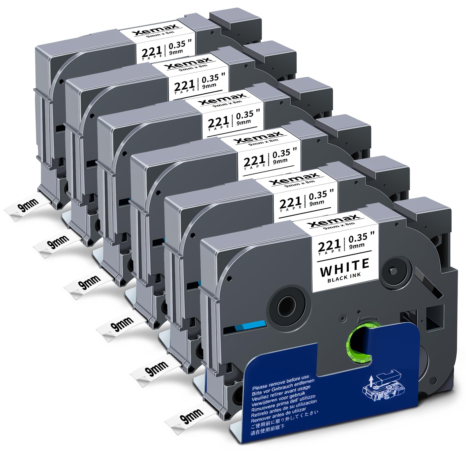 6X XemaX Compatible for Brother Label Printer Tape 9mm TZe-221 Black on White Tape Cassette for Brother P-Touch Label Maker PT-E110 H100R H100C H105 H110 E550W 1010 E100 H108 1000