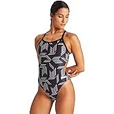 ARENA Women's Swimsuit Puzzled Team Print MaxLife Sports Suit Challenge Back One Piece Bathing Suit Competition Training Racing Swimwear, Black/Black Multi, US Size 22