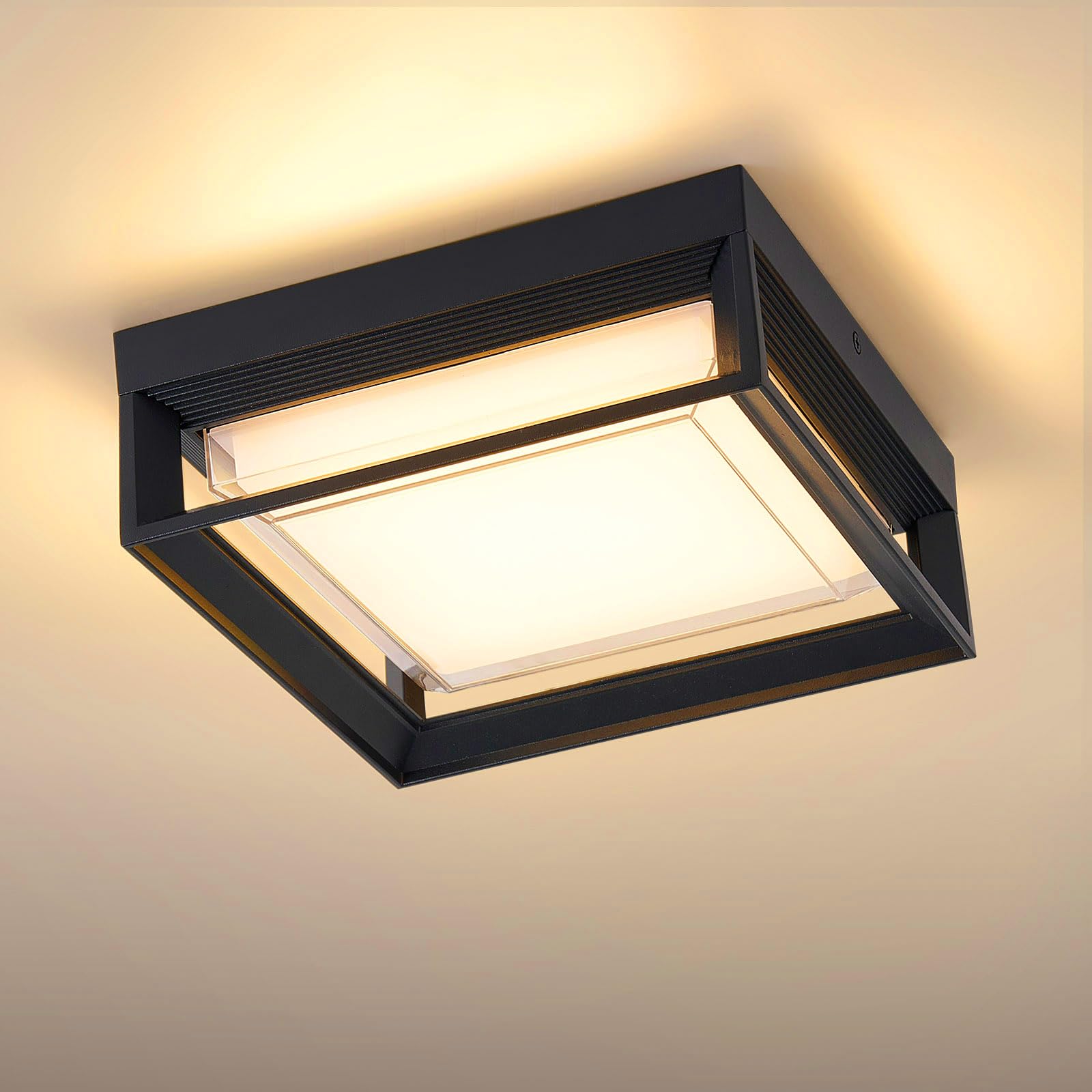 Photo 1 of CHENS01 Square Flush Mount Outdoor LED Ceiling Light Fixture, 120V 24W 3000K 9 inch Medium Overhead Porch & Patio Lights Ceiling Mounted, Waterproof Suitable for Wet Areas, Black
