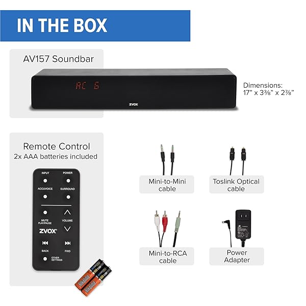 ZVOX DIALOGUE CLARIFYING SOUND BAR – PATENTED HEARING TECHNOLOGY, ACCUVOICE TV SOUND BAR WITH 12 LEVELS OF VOICE BOOST, 17″ HOME THEATER TV SPEAKERS, IDEAL FOR SMART TVS – AV157 BLACK