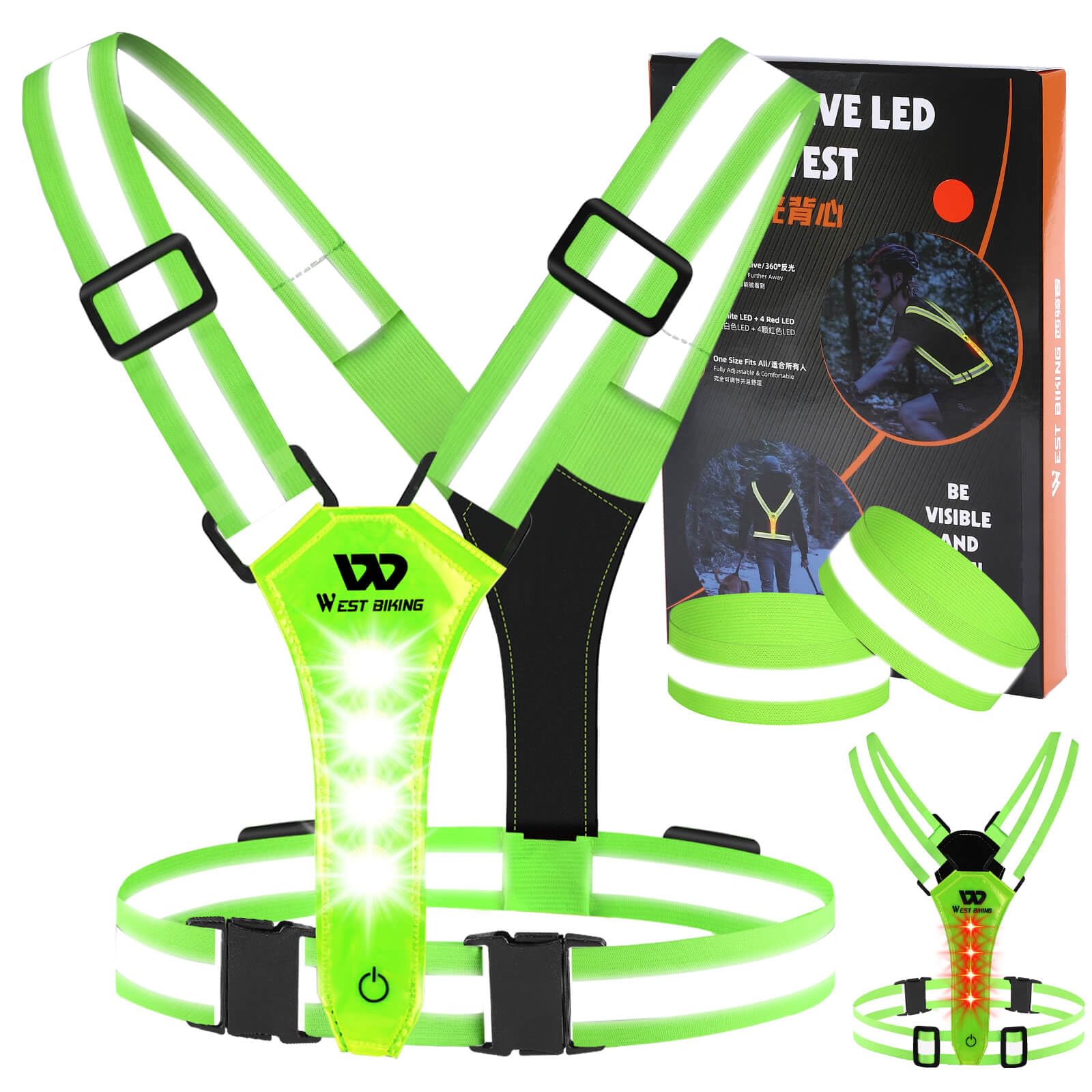 West Biking LED Reflective Running Vest, USB Rechargeable Running Lights for Runners, Elastic Adjustable Reflective Running Gear, High Vis Running Vest with Armband for Walking Running Cycling(Green)