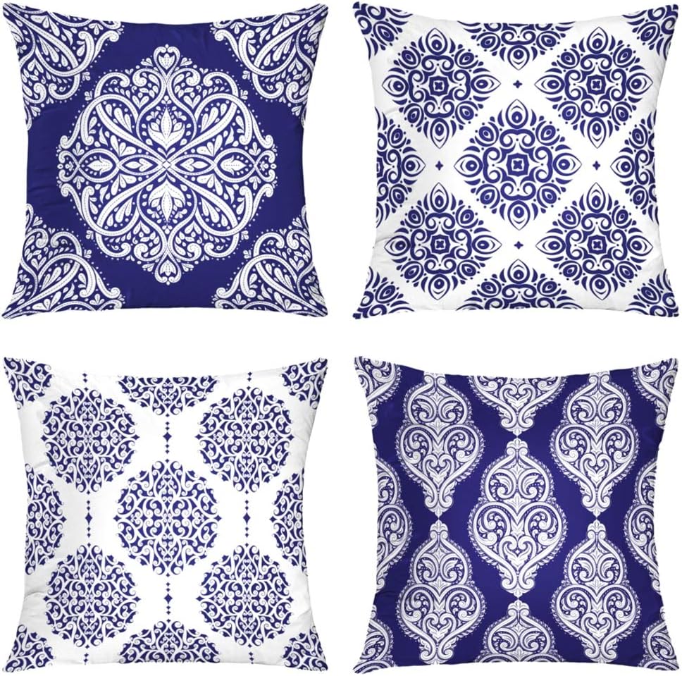 Bohemian Throw Pillow Cover 20" X 20" Boho Pillow cases Set of 4 Farmhouse Couch Pillows Blue White Purple Trim Vintage Paisley Decorative Pillow Covers Sofa Bedroom Car Outdoor Cushion Covers