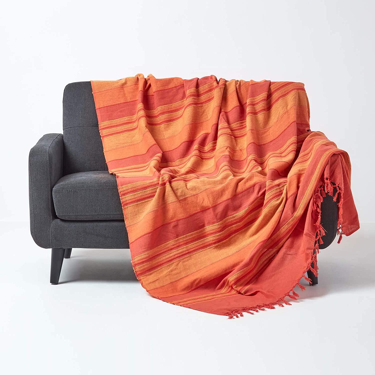 HOMESCAPES Extra Large Terracotta Orange Throw “Morocco” Cotton Textured Stripe Throw 254 x 356 cm Bedspread Sofa Throw Handmade Suitable for 3 or 4 Seater Sofa or Double King, Super King Size Beds