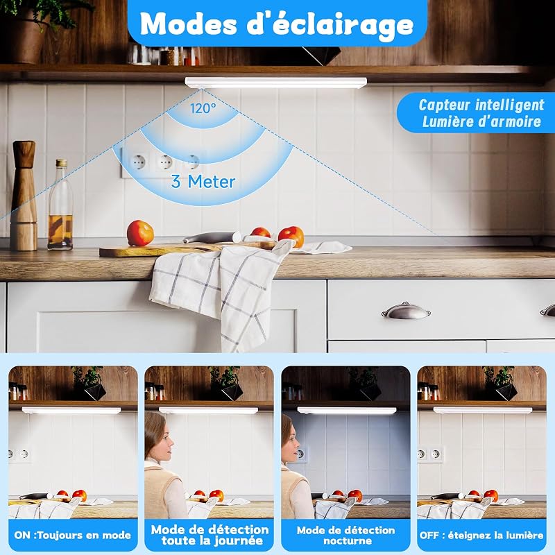 Reglette Led Sous Meuble Cuisine 24cm, 6500k Lumière avec Detecteur De Mouvement Interieur, 1500mAh Lampe Rechargeable USB, Adaptée pour Placard Veilleuse Escalier Couloir (2 Pack)