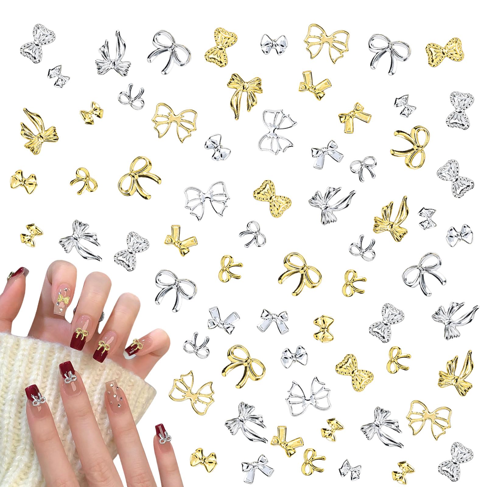 Bow Nail Charms,300PCS Gold Silver 3D Nail Art Bows,Metal Alloy Bowknot Bow Tie Nail Gems and Charms for Nail Art Design Decorations DIY Crafts Jewelry Accessories