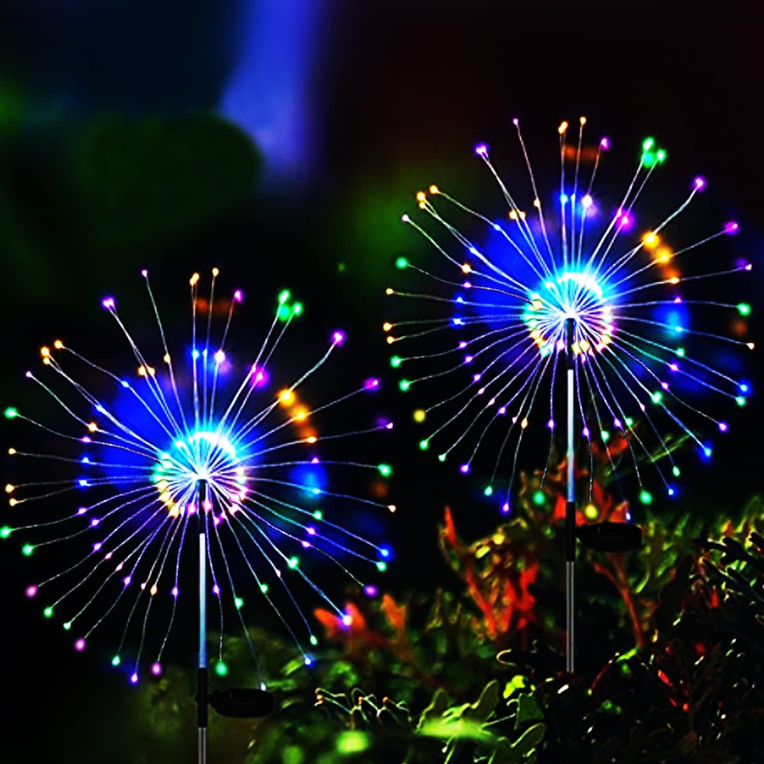 Leehui Solar Firework Lights Garden, 2 PCS 150 LED Decorative Starburst Lights Outdoor 8 Flashing Mode IP65 Waterproof, 50PCS Copper Wire Pathway Lighting for Patio Lawn Backyard Wedding (Multicolor)