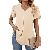 Funlingo Women's Summer Tops Short Sleeve Dressy Chiffon Blouses V Neck Work Tunic Tops Casual Loose T-Shirts