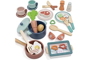 Lehoo Castle Wooden Play Kitchen Accessories, Play Pots and Pans Sets for Kids, Play Food Sets for Kids Kitchen, CookingToys 
