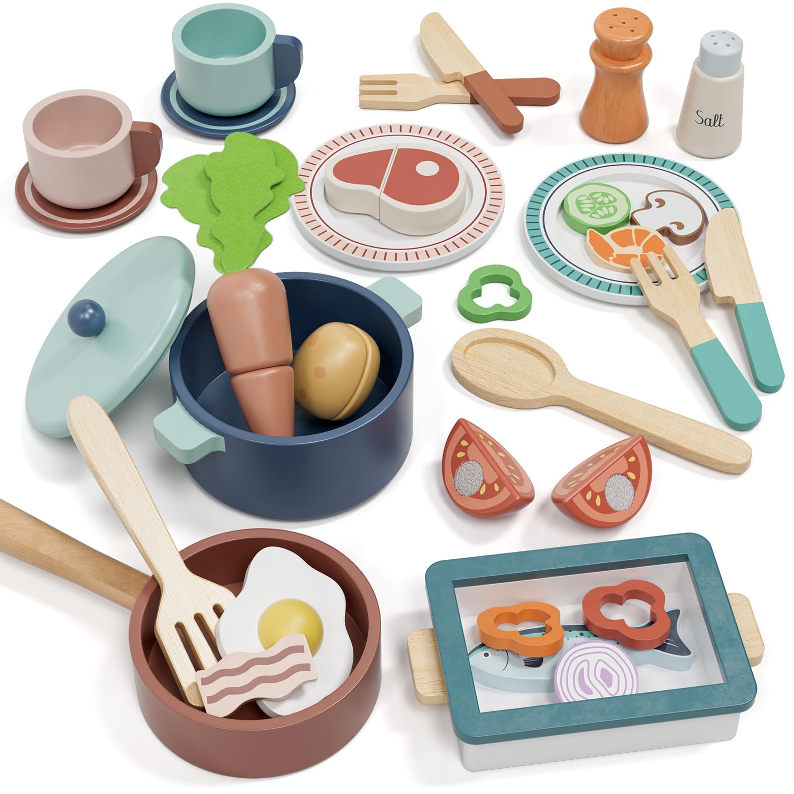 Lehoo Castle Wooden Kitchen Toys, Play Kitchen Accessories, Wooden Food Toys, Play Pots and Pans Sets, 3 Year Old Girl Gifts