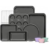 KITESSENSU Compact Baking Pans Sets, Nonstick Bakeware Sets 19-Piece with Round/Square Cake Pan, Loaf Pan, Muffin Pan, Cookie Sheet, Roast Pan, Cooling Rack, Carbon Steel Bake Set