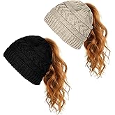 Yookat 2 Pack Ponytail Beanie Hat for Women High Bun Hats Skull Cap for Winter Black and Beige