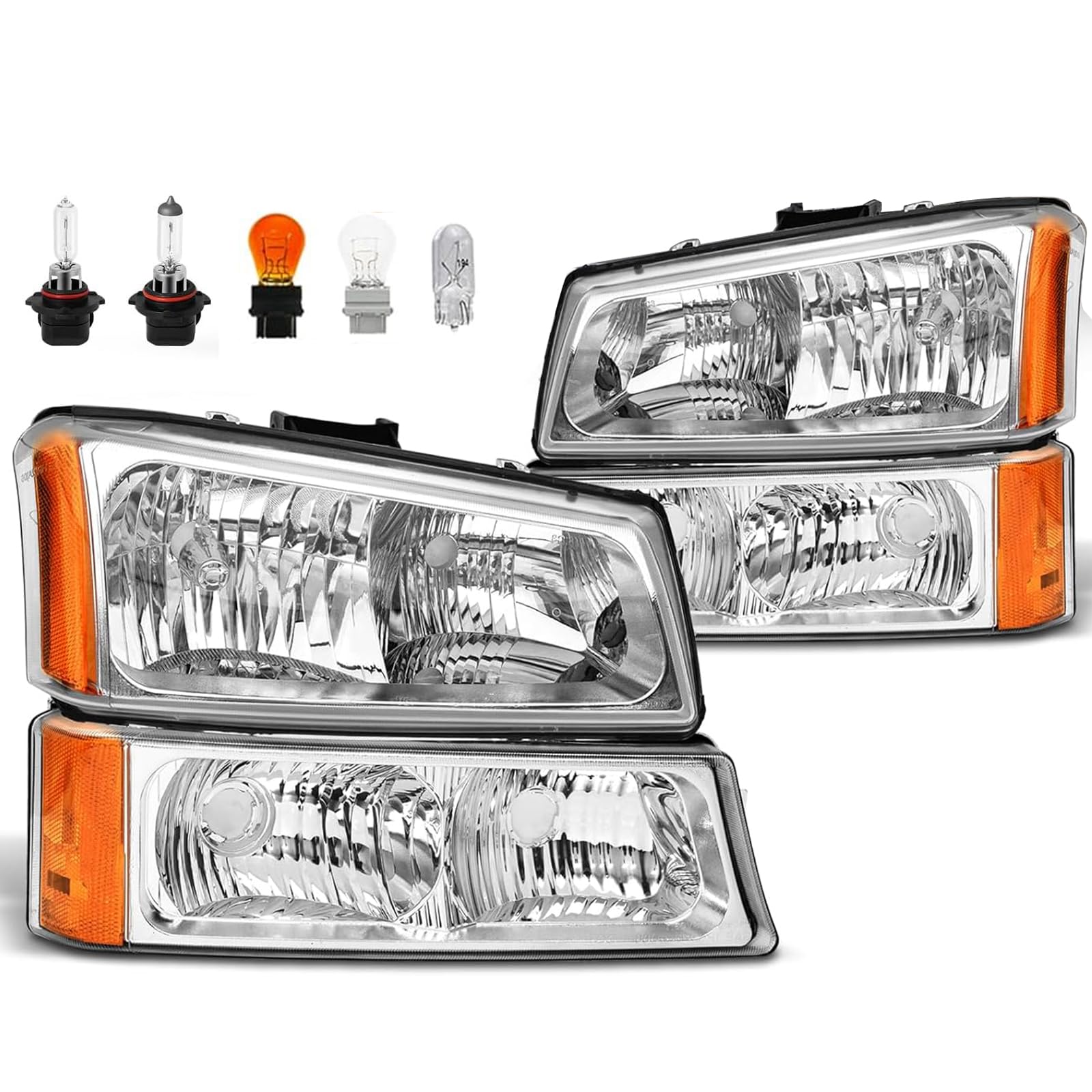 Photo 1 of **MISSING BULBS/PARTS/HEADLIGHT ASSY ONLY**Headlights Assembly w/Bulbs compatible with 2003 2004 2005 2006 Chevy Silverado, 03 04 05 06 Avalanche 1500 2500 3500(Not Fits Body Cladding Models) Head Lights,? Chrome Housing Amber Clear Lens, L+R