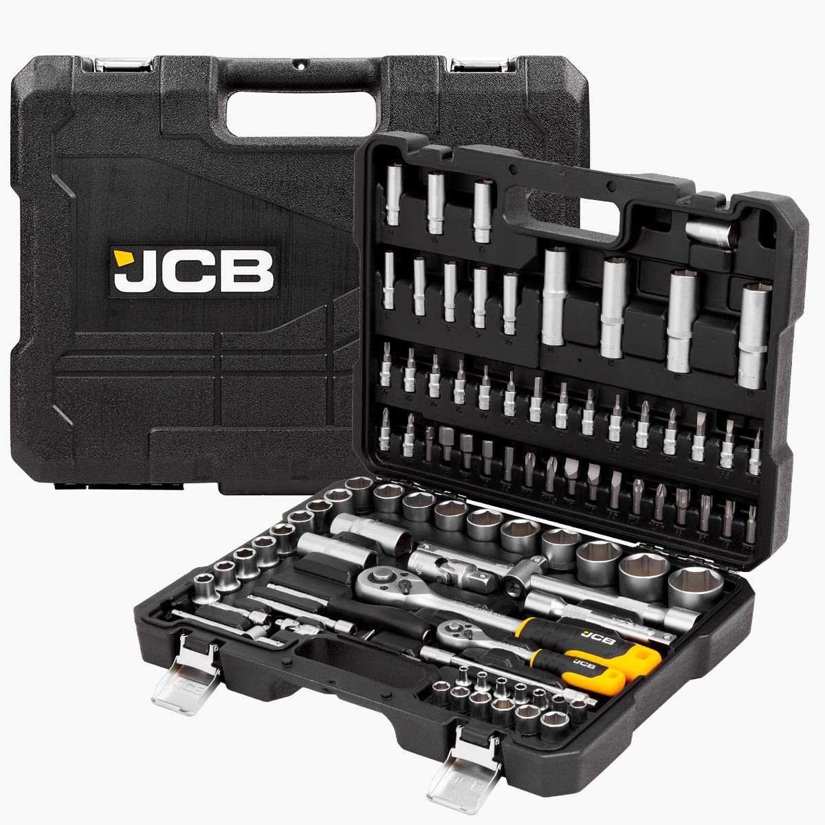 JCB 94 Piece Socket & Bit Set - Chrome Vanadium Steel, 72-Tooth Ratchet, 5° Swing, Blow Mold Case, Spanners & Bits for Mechanical and Maintenance Use - 3 Year Warranty