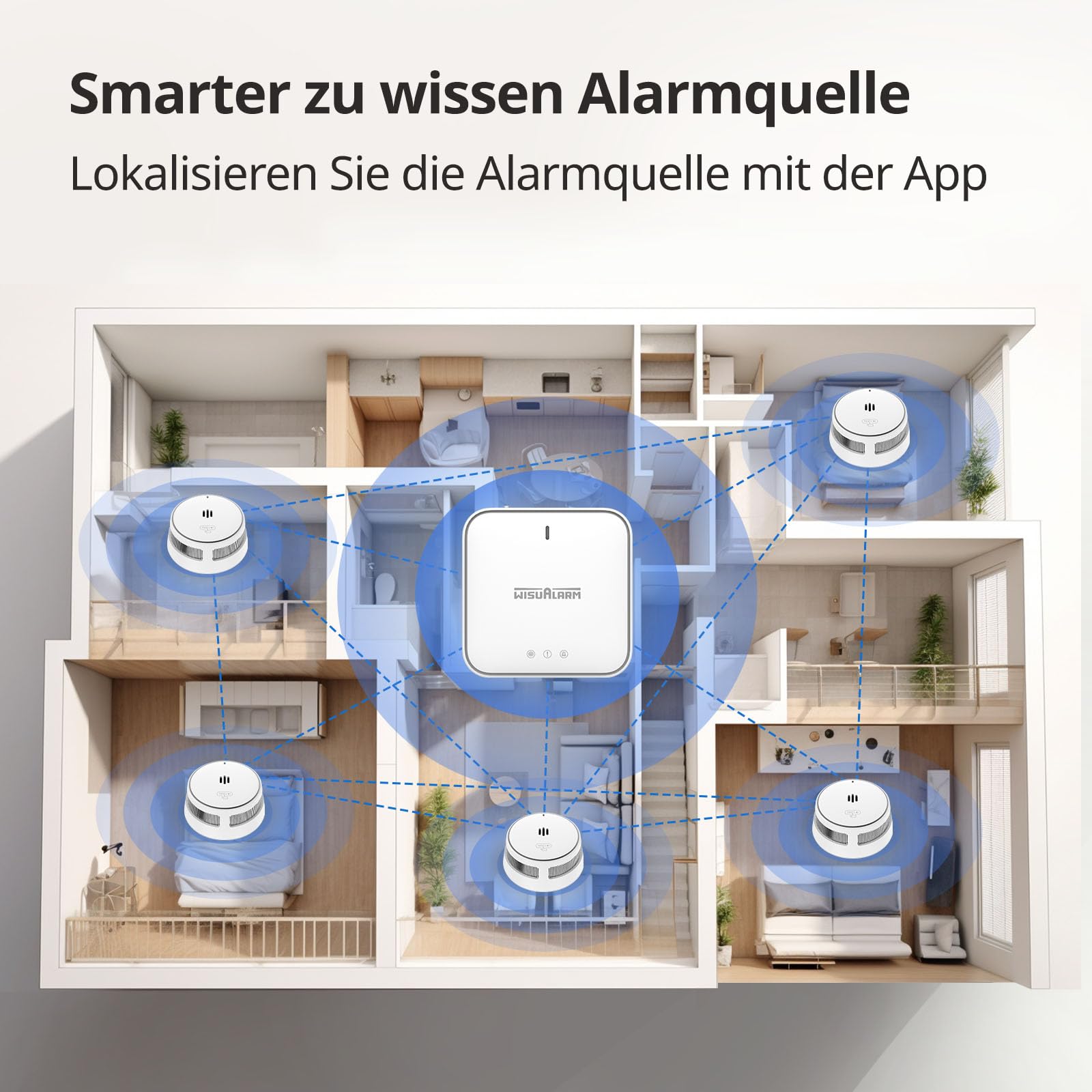 Rauchmelder Vernetzter mit Basisstation, Smart Home Brandmelder, WLAN-App-Steuerung, 10 Jahre Batterie Feuermelder (5*rauchmelder+1*Gateway) 4