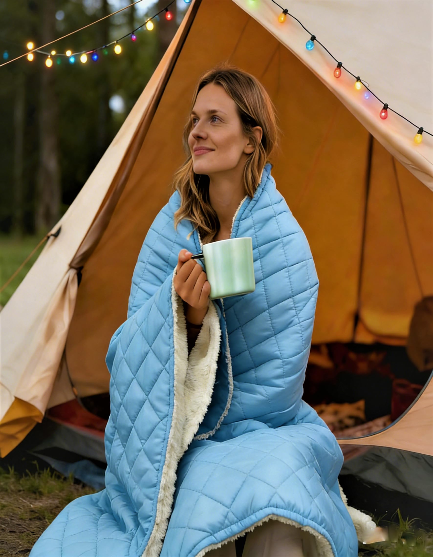Photo 1 of **ZIPPER BROKEN** tomilk Heated Camping Blanket Battery Operated, 12V Cordless Heated Blanket with 15000mAh Battery, Wearable Heated Camping Blanket (Blue)