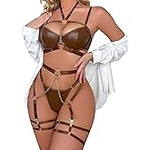Avidlove Lingerie Set for Women Sexy Strappy 5 Piece Lingerie Garter with Underwire Push Up Bra and Chain