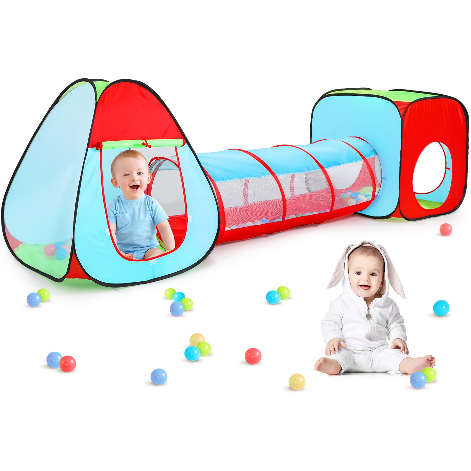 Kids Play Tent with Ball Pit+Crawl Tunnel+Castle Tent, Pop Up Toddlers Playhouse for Boys and Girls Gift, Collapsible Children Toy Indoor Outdoor Games (3Pcs Mesh)