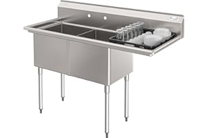 KoolMore 57 in. 18-Gauge 2-Compartment Commercial Sink with Backsplash and 18 in. Right Drainboard, Bowl Dimensions 18"x18"x14" in Stainless-Steel (KM-SB181814-18R3)