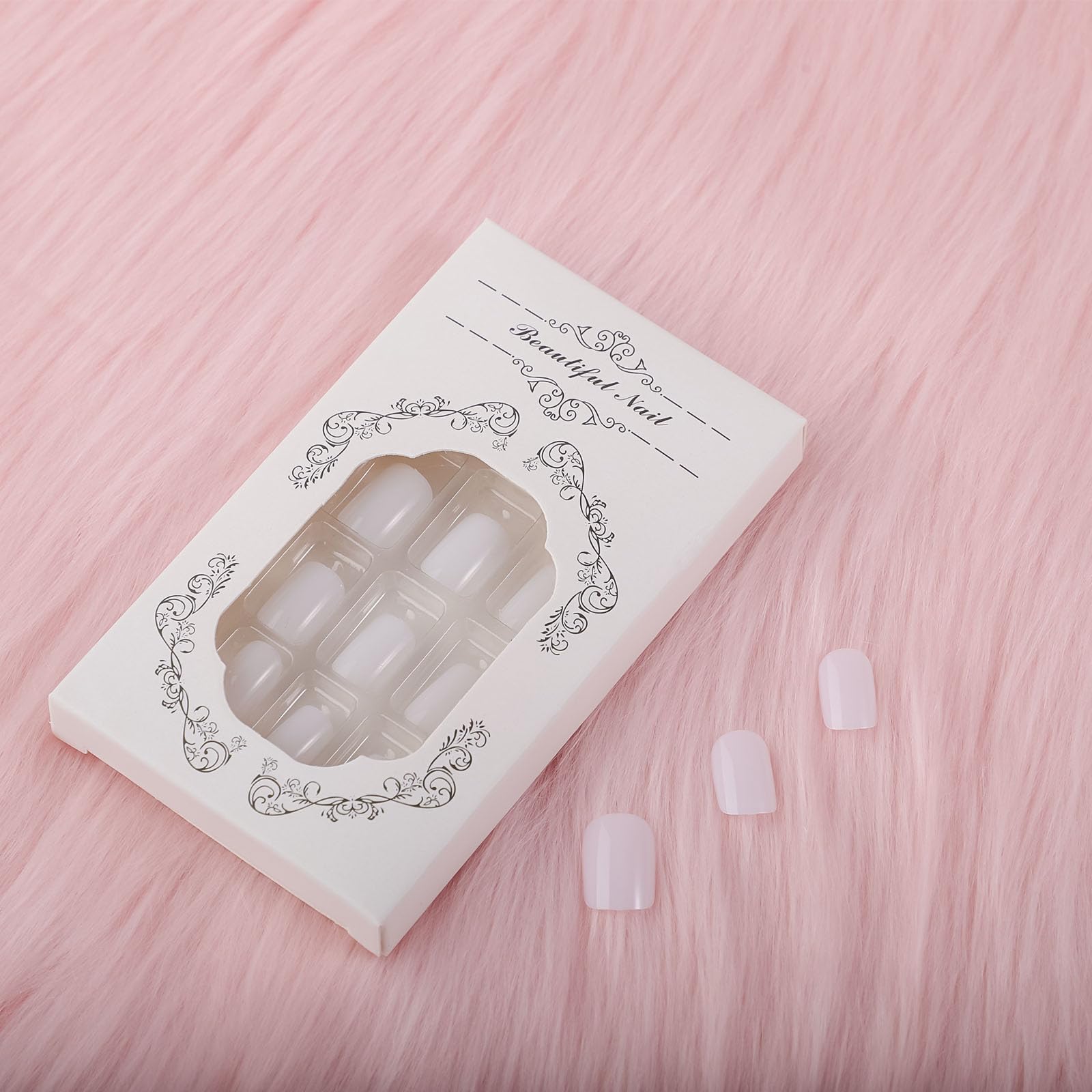 24PCs Press On Nails, Short Square Medium Shape, Solid Dark Color Fake Nails, Stick on Nails Glue on Nails Short Coffin False Nails (Ivory) - Image 5