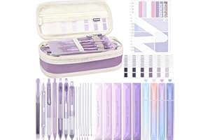 Aiallyo 40Pcs Aesthetic Book Annotation Kit with Pen Case，Including Gel Pen set Highlighters Correction Tape Sticky Notes Set and Tabs for Bible Study Student Stationary(Purple Color,Classic)