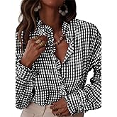 Womens Plaid Button Down Shirt Ruffle V Neck Long Sleeve Casual Gingham Trendy Tops