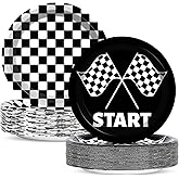 CHUNNIN 50 PCS Black and White Checkered Party Plates for Race Car Themed Party Decoration - 7 Inch Race Car Checkered Birthday Paper Disposable Dessert Plates for Kids Boys and Girls Party Supplies